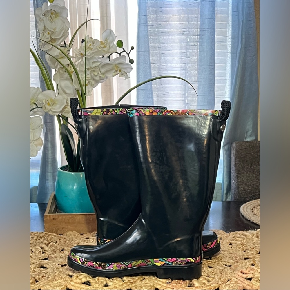 Sakroots Black Rain Boots with Vibrant Pattern